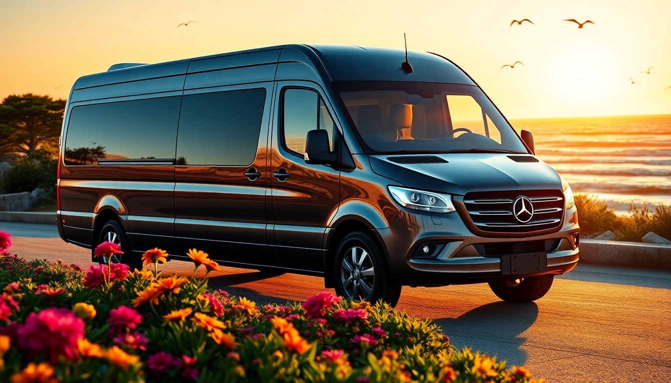 Experience the elegance of a Mercedes Sprinter limo Rhode Island against a stunning beach backdrop.