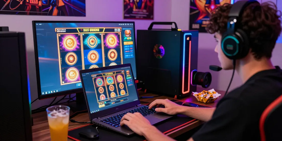 Engaging gamer focused on situs slot online with vibrant graphics and gaming setup.