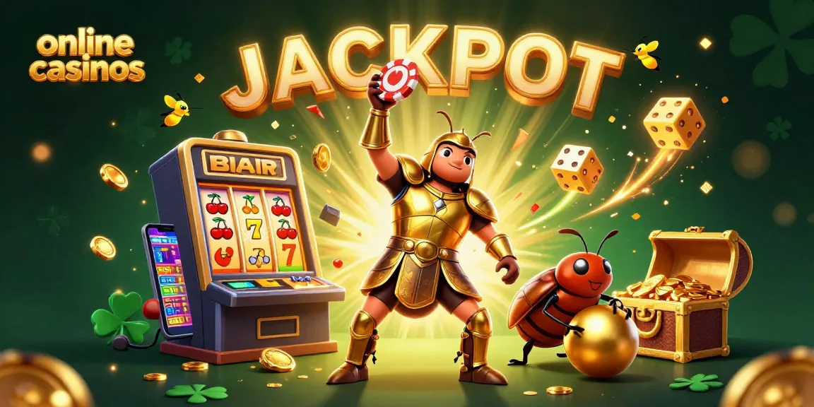 Experience thrilling online casinos with a hercules beetle celebrating a jackpot in a lively 3D scene.