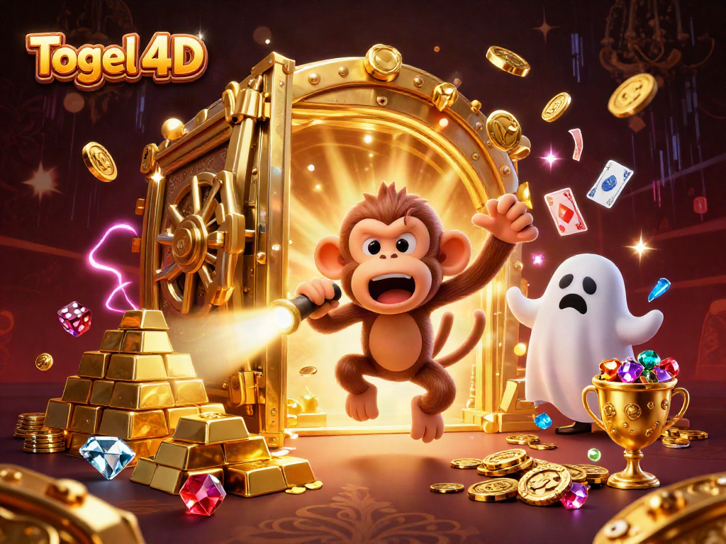 Ilustrasi 3D Togel 4D yang menampilkan monyet poltergeist jahat dan anjing pemburu hantu di kasino angker.