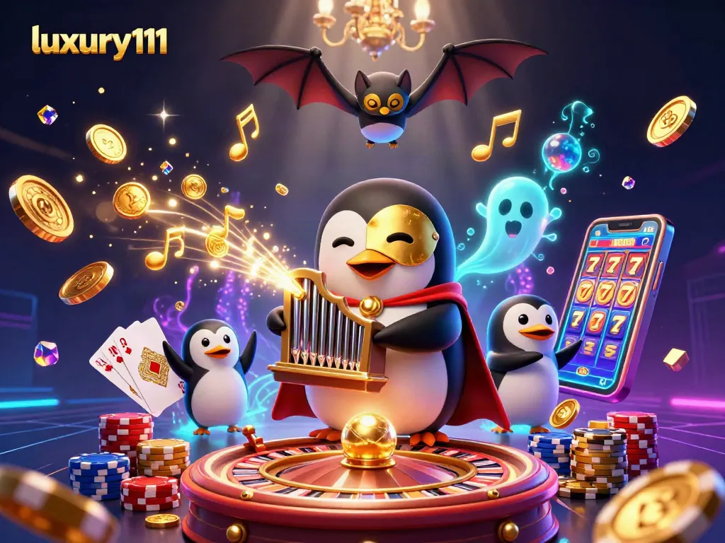 Engage with luxury111 by watching a 3D phantom opera penguin play casino games with golden coins cascading around.