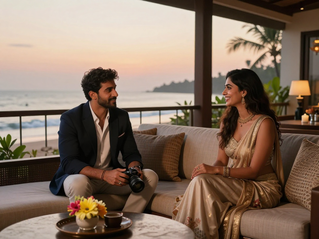 Goa call girls offering companionship in a luxurious hotel setting with sunset views