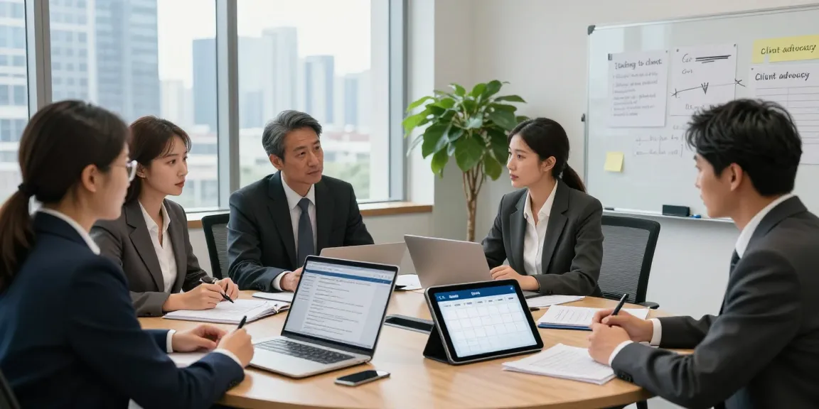 Legal professionals talking to clients in a modern office, showcasing teamwork and consultation.
