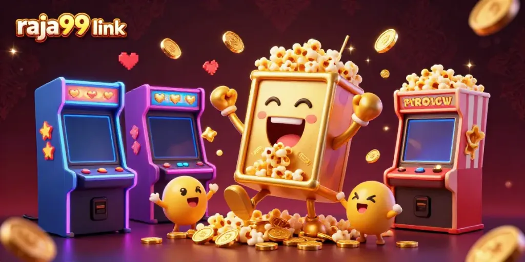 Experience the thrill at raja99 link with a joyous golden slot machine hitting a jackpot, surrounded by cheering friends.