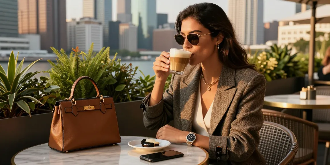 Gaya hidup mewah dengan luxury111 di kafe elegan di kota.