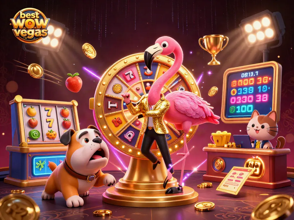 Play with the best alternative sites to WOW Vegas as a flamingo host spins a golden prize wheel in a 3D casino.
