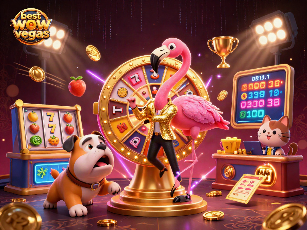 Play with the best alternative sites to WOW Vegas as a flamingo host spins a golden prize wheel in a 3D casino.