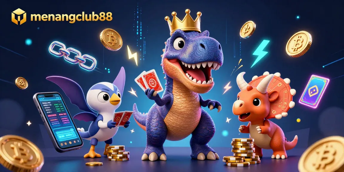 Experience intense action with menangclub88 in a lively 3D illustration of cartoon dinosaurs engaged in a card game.