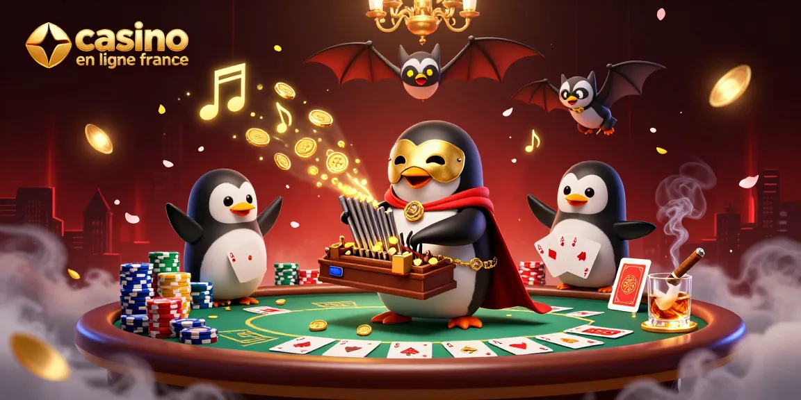 Jouez à casino en ligne France avec ce pingouin fantôme au piano, entouré de jeux de cartes et jetons colorés.