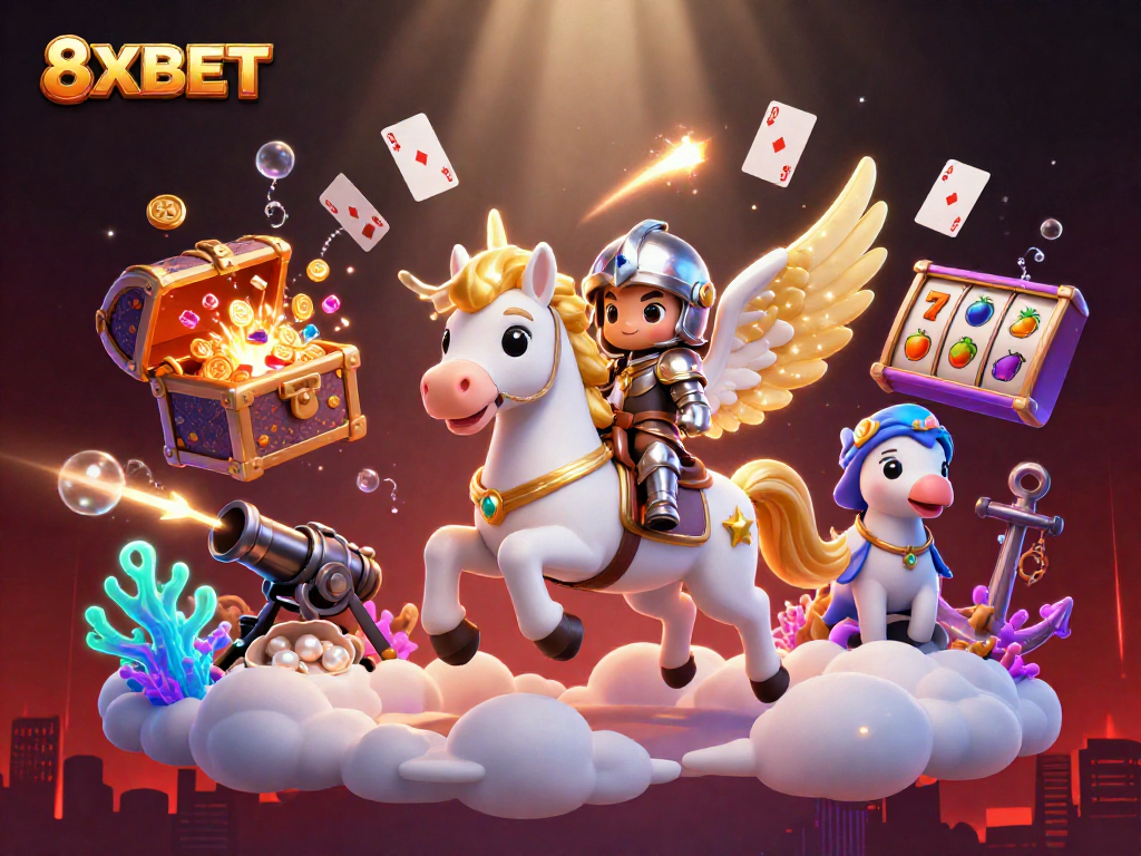 Experience the excitement of 8XBET with a dynamic scene of a knight on a celestial horse amidst rich casino elements.