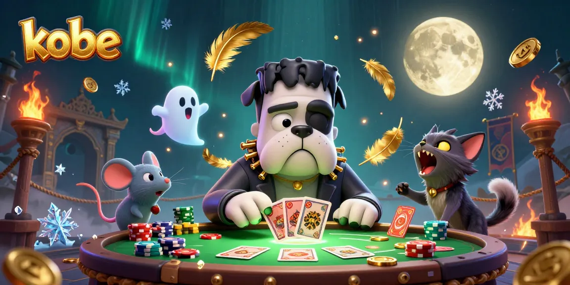 Kobe gaming scene with a Frankenstein bulldog dealing cards alongside a ghost mouse and werewolf kitten.