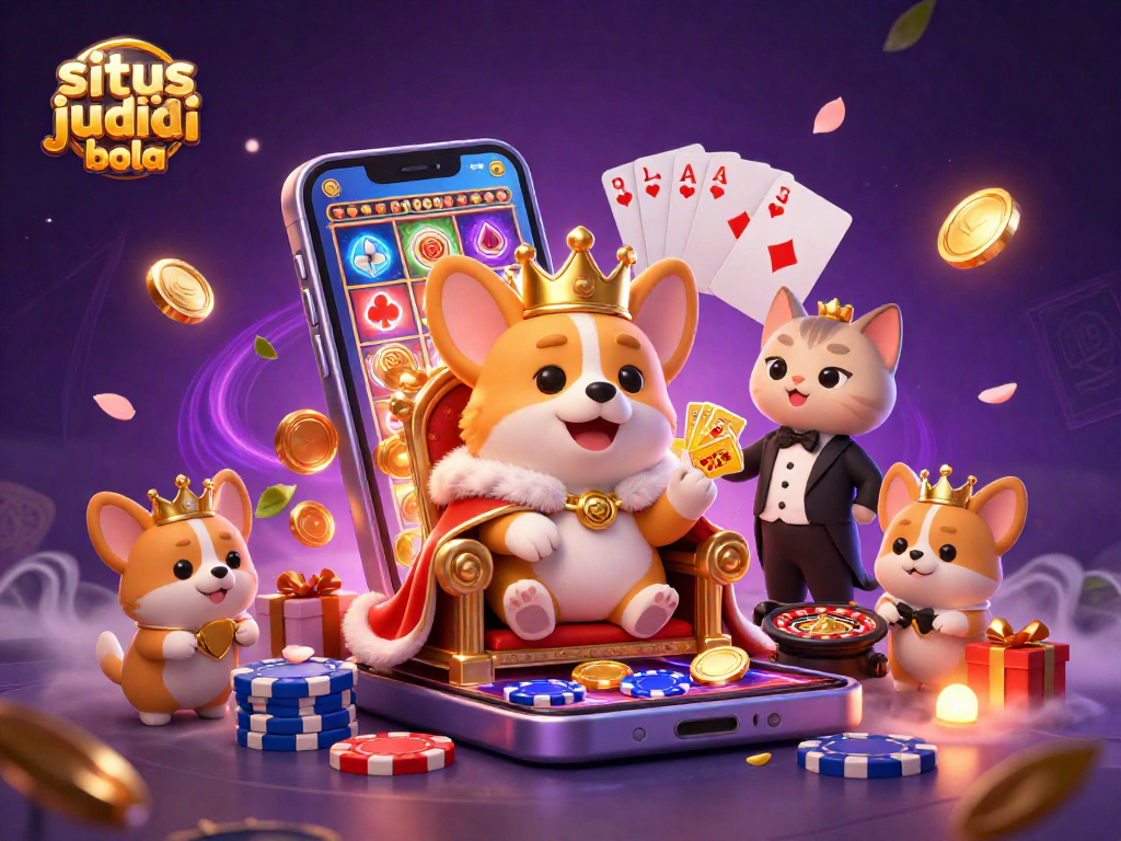 Experience situs judi bola excitement with vibrant 3D illustration featuring royal corgis and gaming elements.