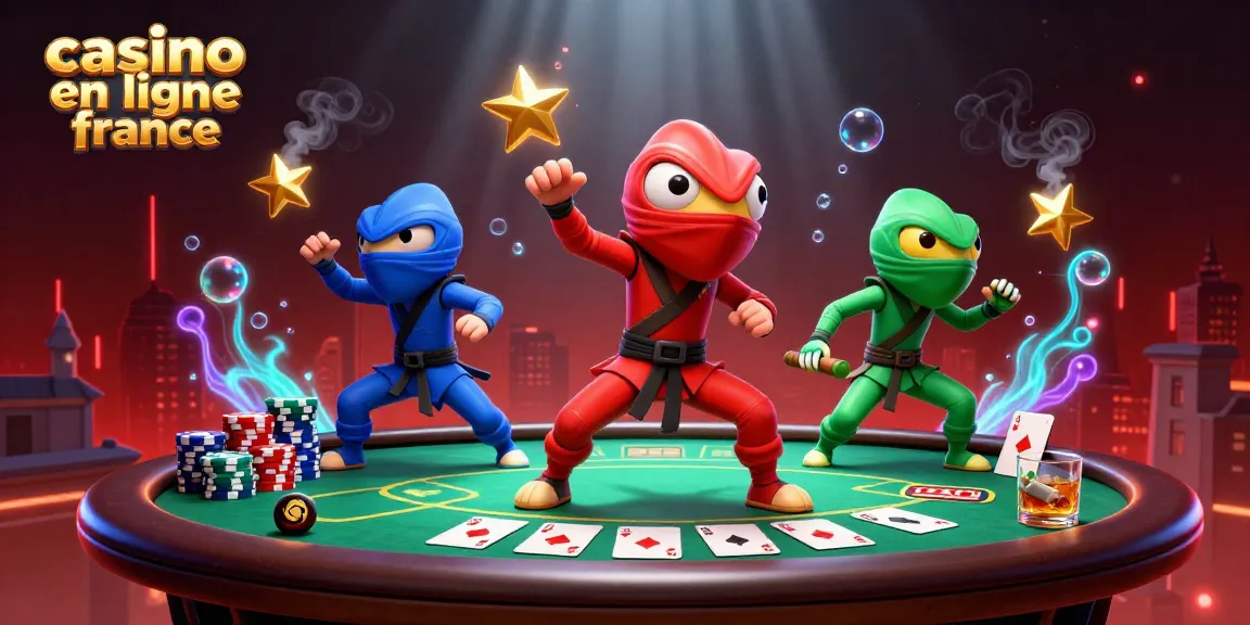 Illustration de casino en ligne France avec des ninjas caméléons et des éléments de poker.