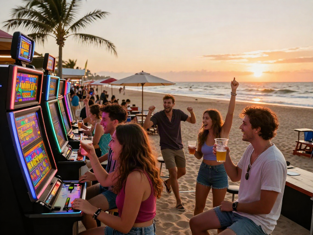 Group enjoying situs slot qris at a lively beachside venue.