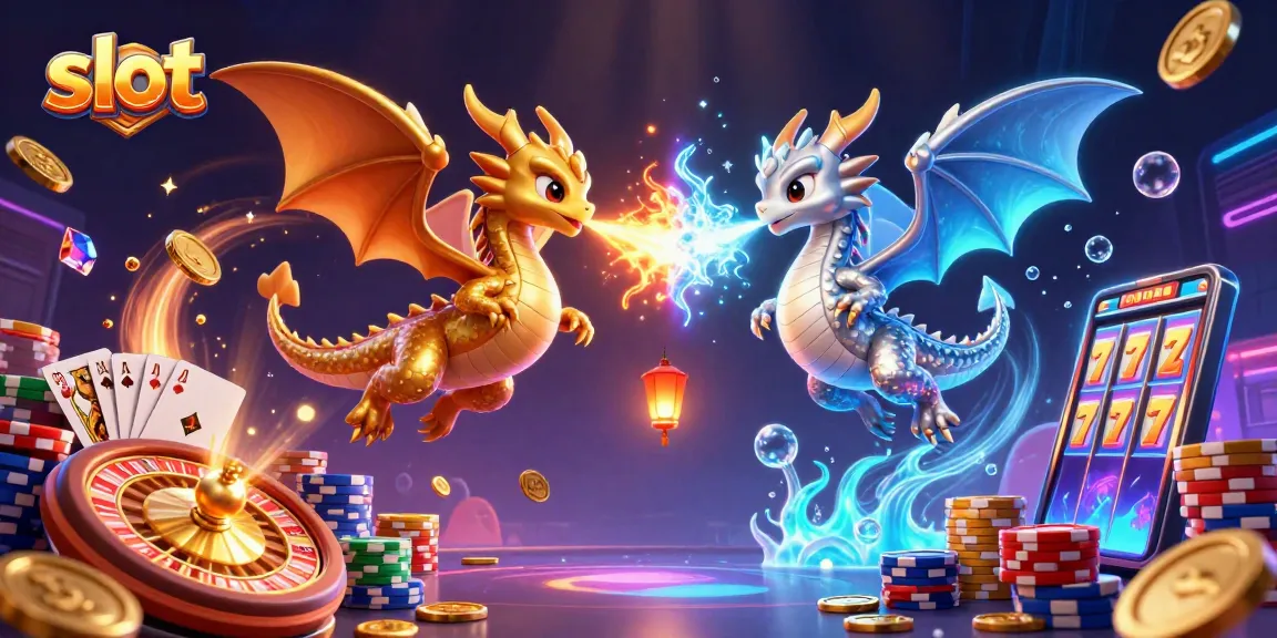 Spin the reels with slot excitement, featuring dragons and casino elements in a vibrant 3D scene.