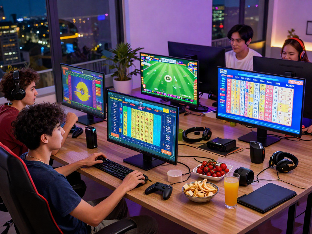 Group of friends engaged in situs togel online gaming session with vibrant screens and snacks