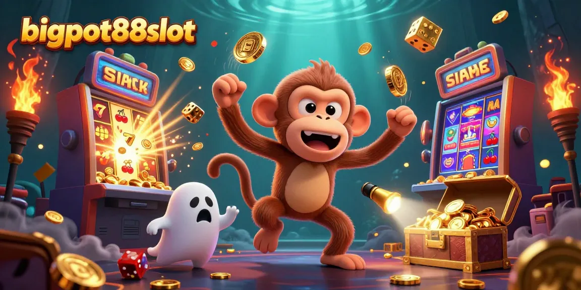 Slot jackpot yang menarik di bigpot88slot dengan karakter lucu dan elemen kasino kaya.