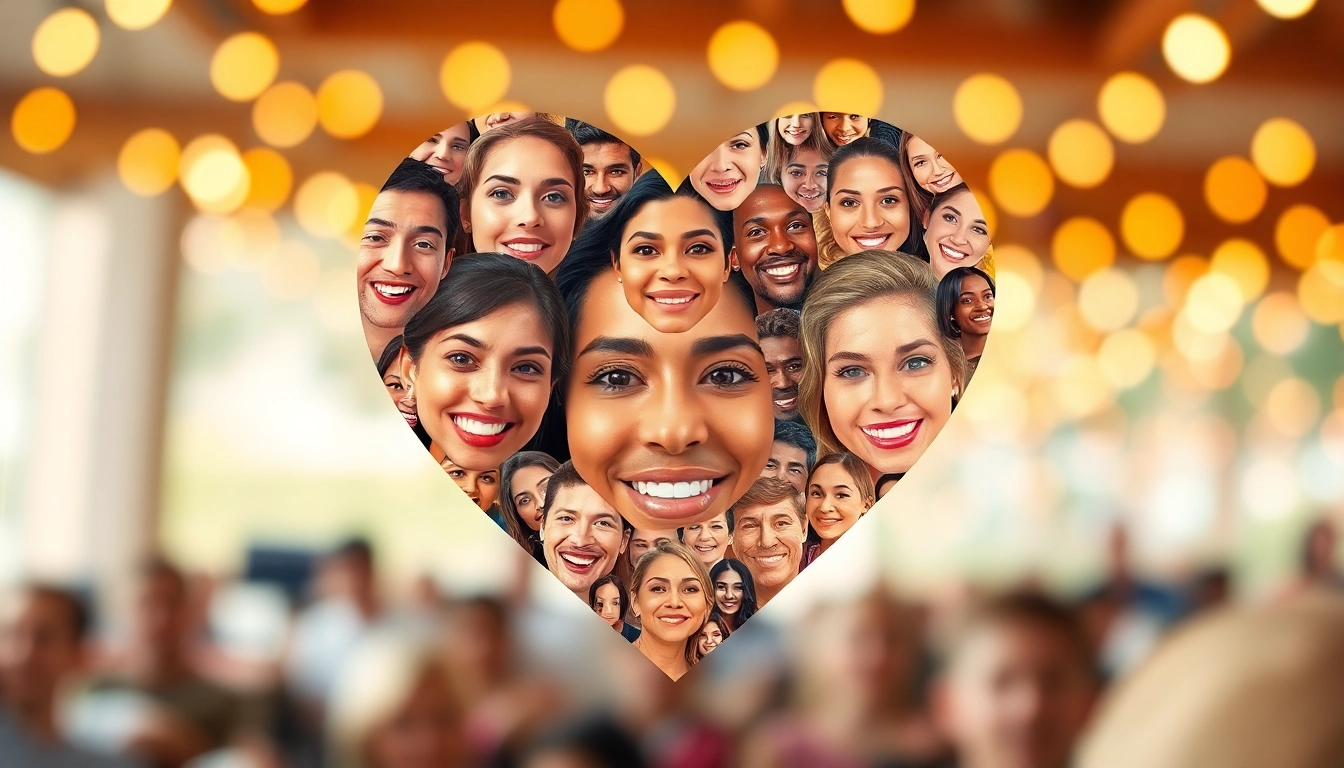 A vibrant selfie mosaic featuring diverse faces in a heart shape, symbolizing community and connection.