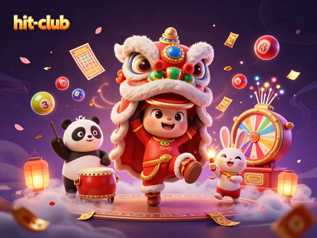 Experience excitement at hit-club with a lion dance amidst vibrant bingo and lottery adventures.