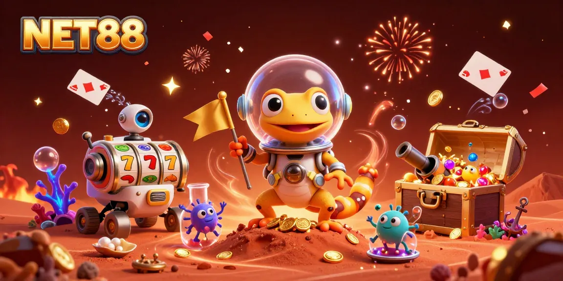 Experience the thrill of NET88 with Martian gecko uncovering a golden casino amid vibrant gambling elements.