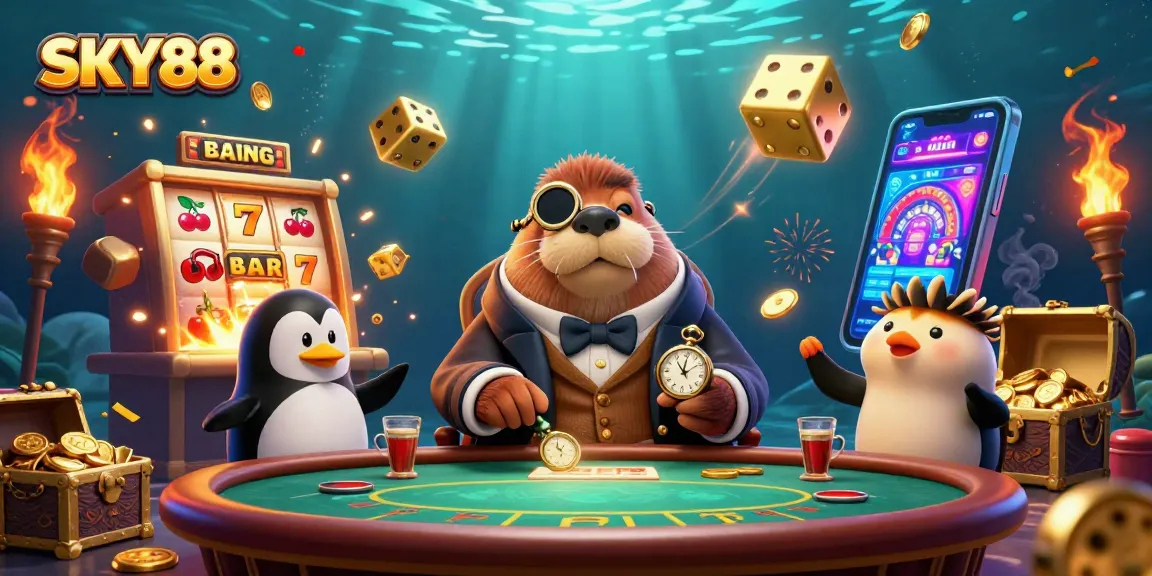SKY88 brings a vibrant underwater casino scene featuring a walrus, penguin dealer, and bluffing pufferfish.