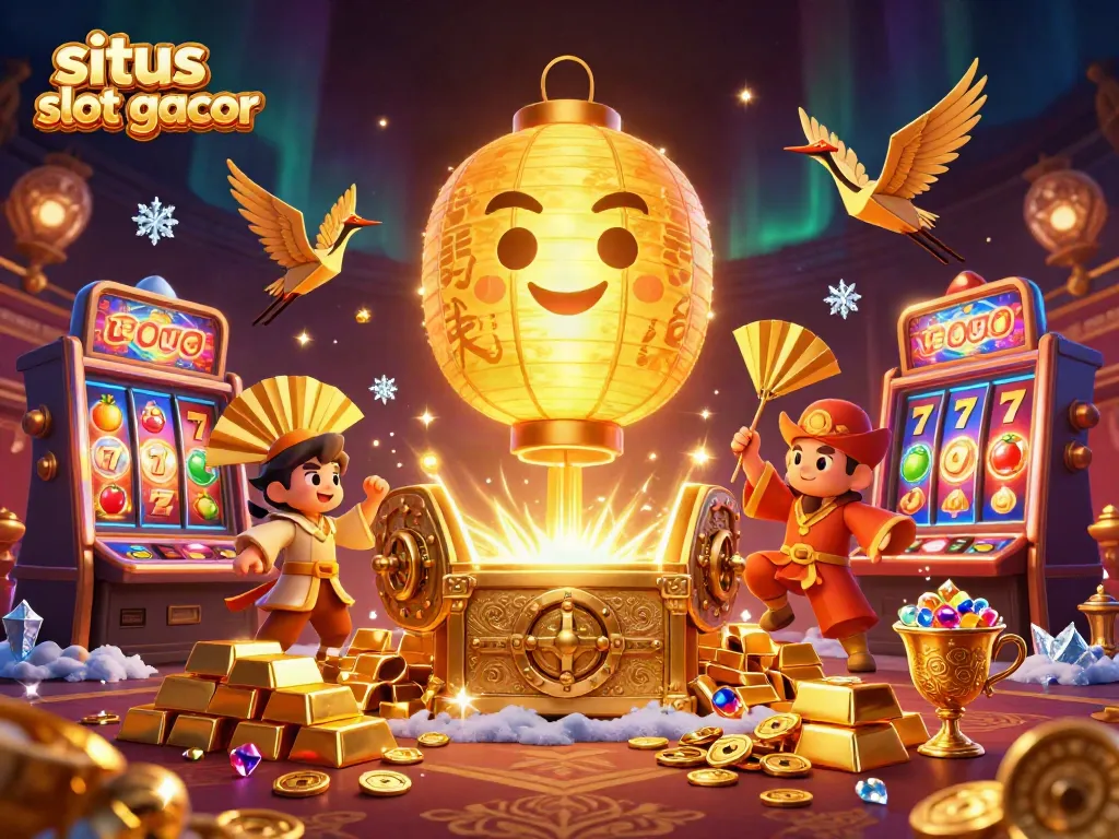 Experience big wins at situs slot gacor with vibrant 3D casino illustration featuring lucky symbols and treasures.