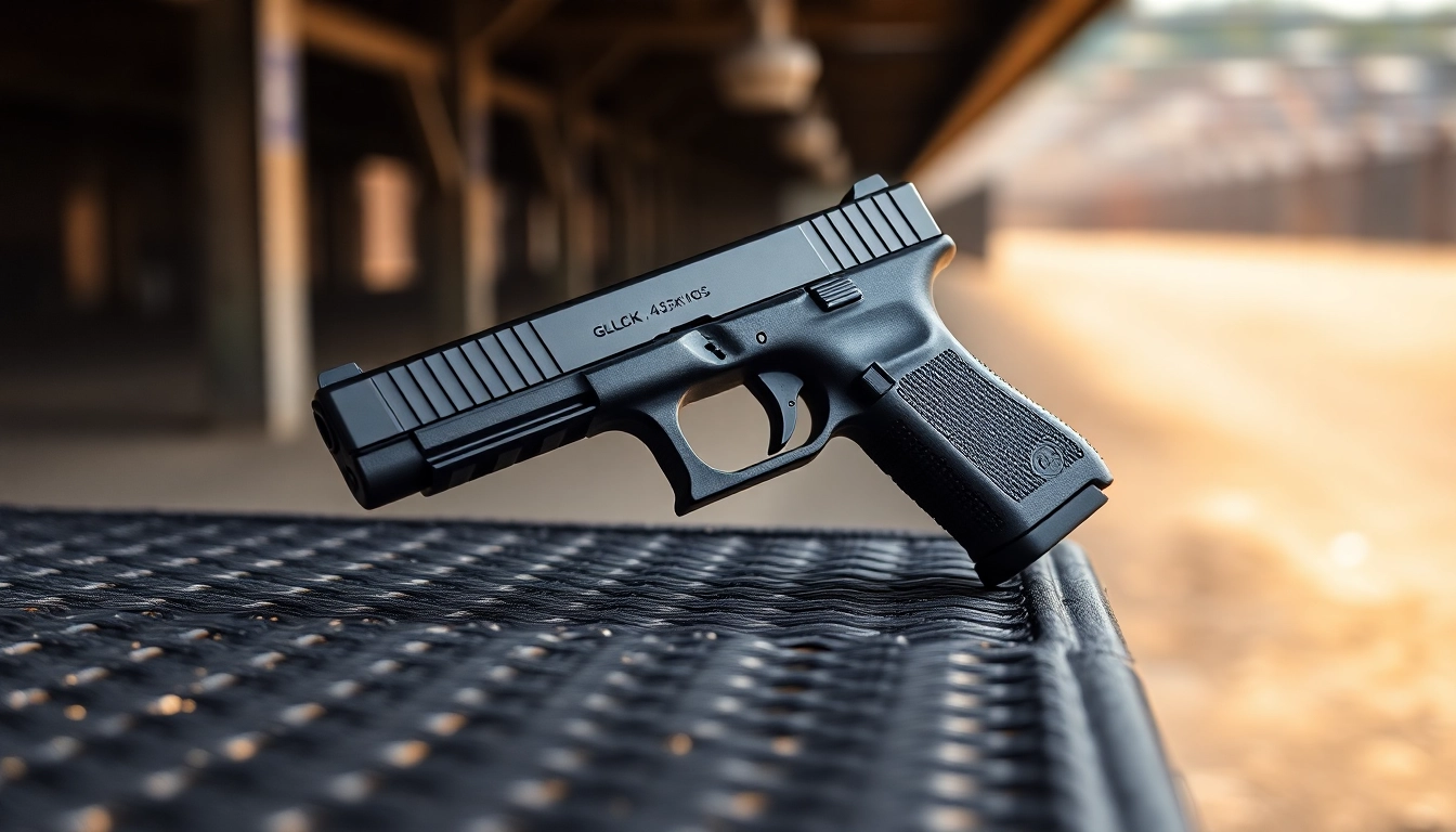 Showcase a glock 43x mos handgun with a focus on its design and features against a textured background.