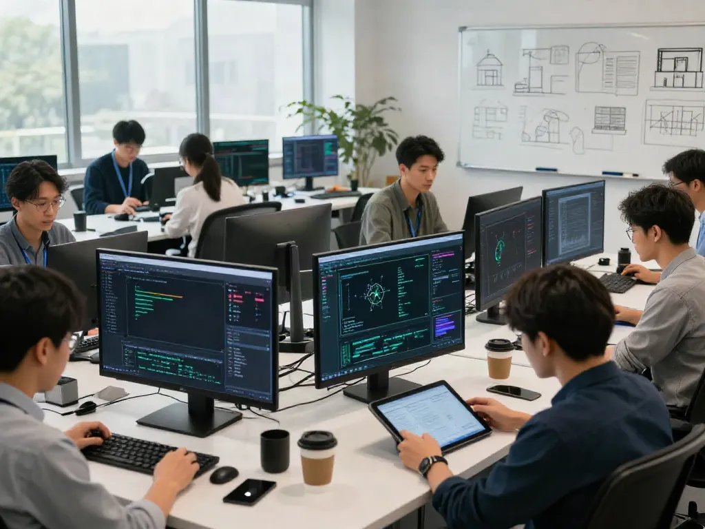 Engineers collaborating in a modern workspace, showcasing GPU computing efficiency