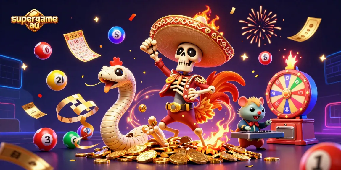 Winning at supergame au with a mariachi rooster and festive lottery elements celebrating cash.