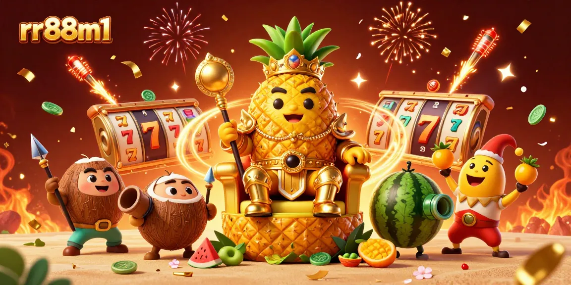 Experience thrilling slots at rr88m1 with a vibrant scene featuring a golden pineapple king and a watermelon cannon.