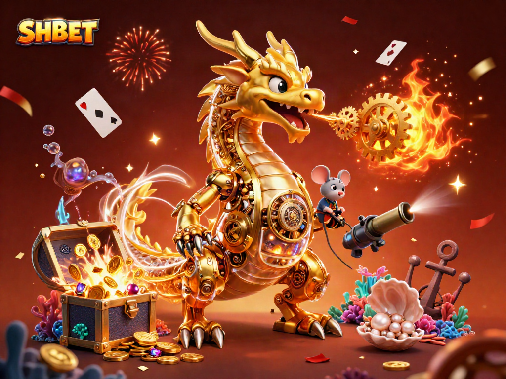Engage with SHBET's thrilling gaming scene featuring a golden dragon and treasure elements.