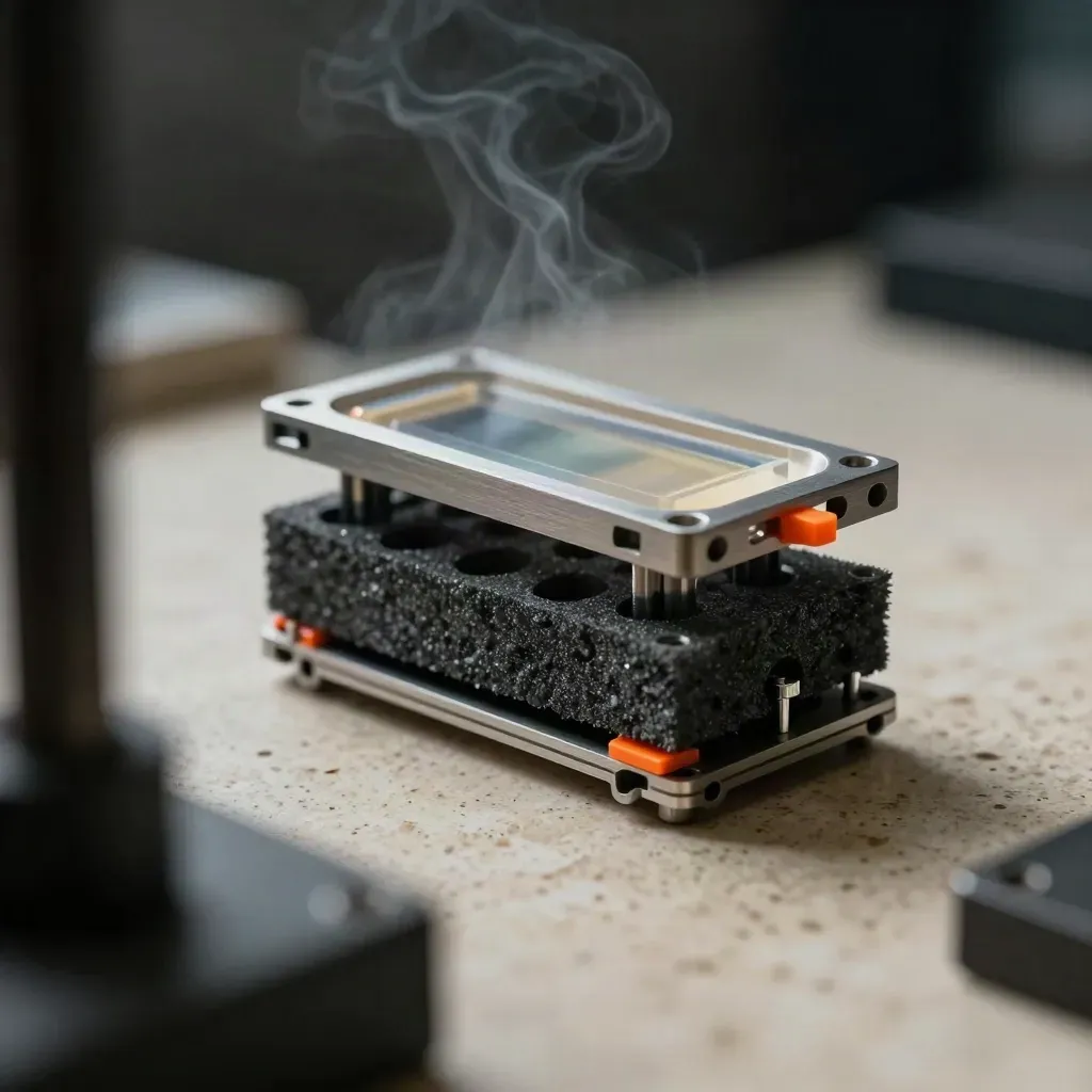 3D-printed mechanism shell, resin test coupon, and packing cradle in a prototype bay