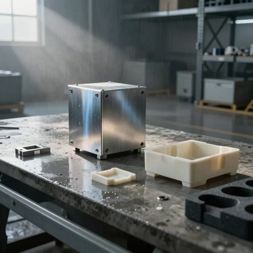 Open sensor enclosure prototype with 3D-printed shell halves in a misty fabrication bay at dawn.