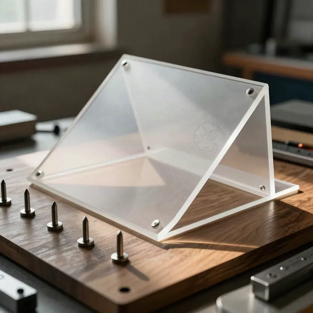 Bent aluminum enclosure parts with acrylic templates and locating pins on a walnut fixture board
