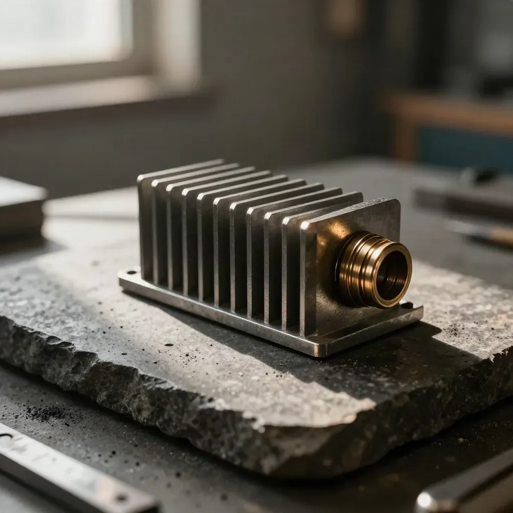 Macro of a tested metal bracket with bronze bushings and a finned heat sink on dark stone.