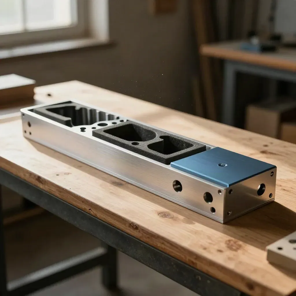 Laser-cut ABS housing mockup and aluminum parts on a workshop bench for CAD Design.