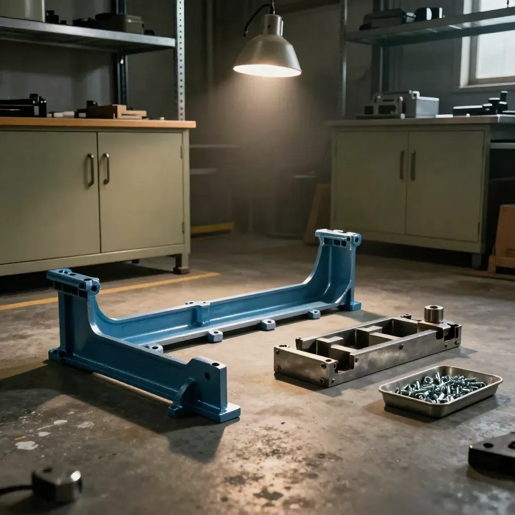 First-run molded brackets and a steel fixture cradle in a hazy manufacturing bay, lit dramatically.