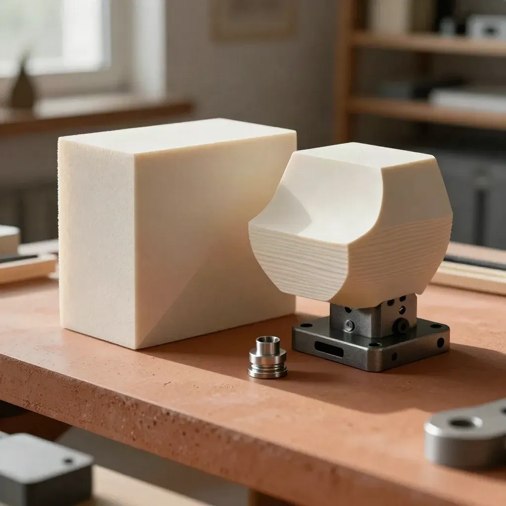Foam concept block, 3D-printed shell and machined boss on a terracotta prototype bench.