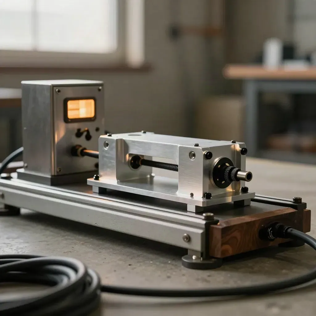 Low-angle workshop shot of a sensor bracket on a pilot-run test rig with glowing controls