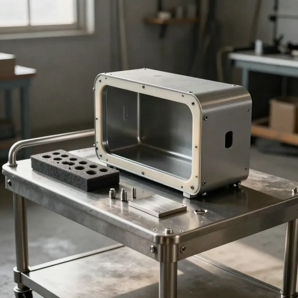 Compact enclosure shell closing around its core on a stainless assembly cart in a dim workshop
