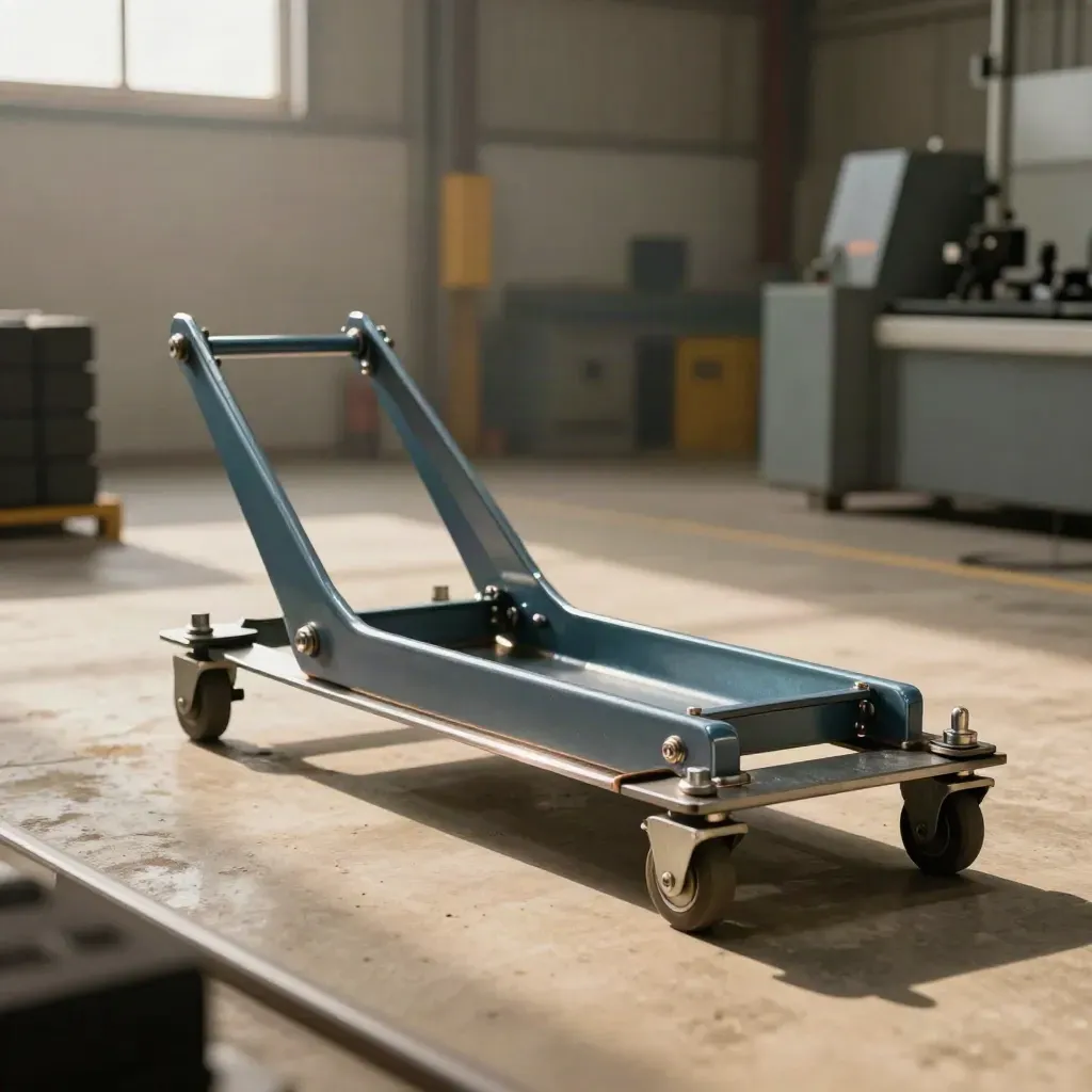 Powder-coated pump frame on a factory skid in warm haze, ready for approval.