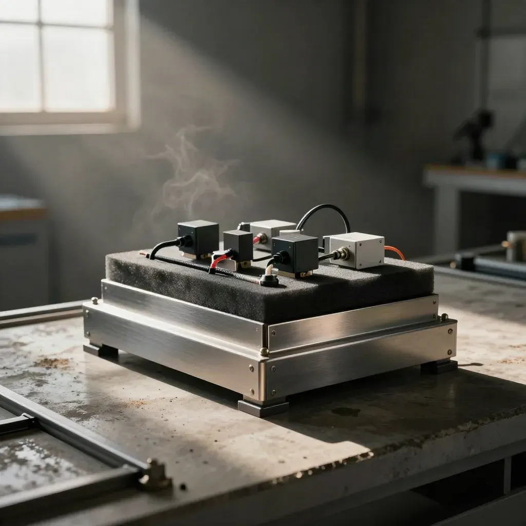 Prototype enclosure on a vibration test bench in a moody industrial bay.