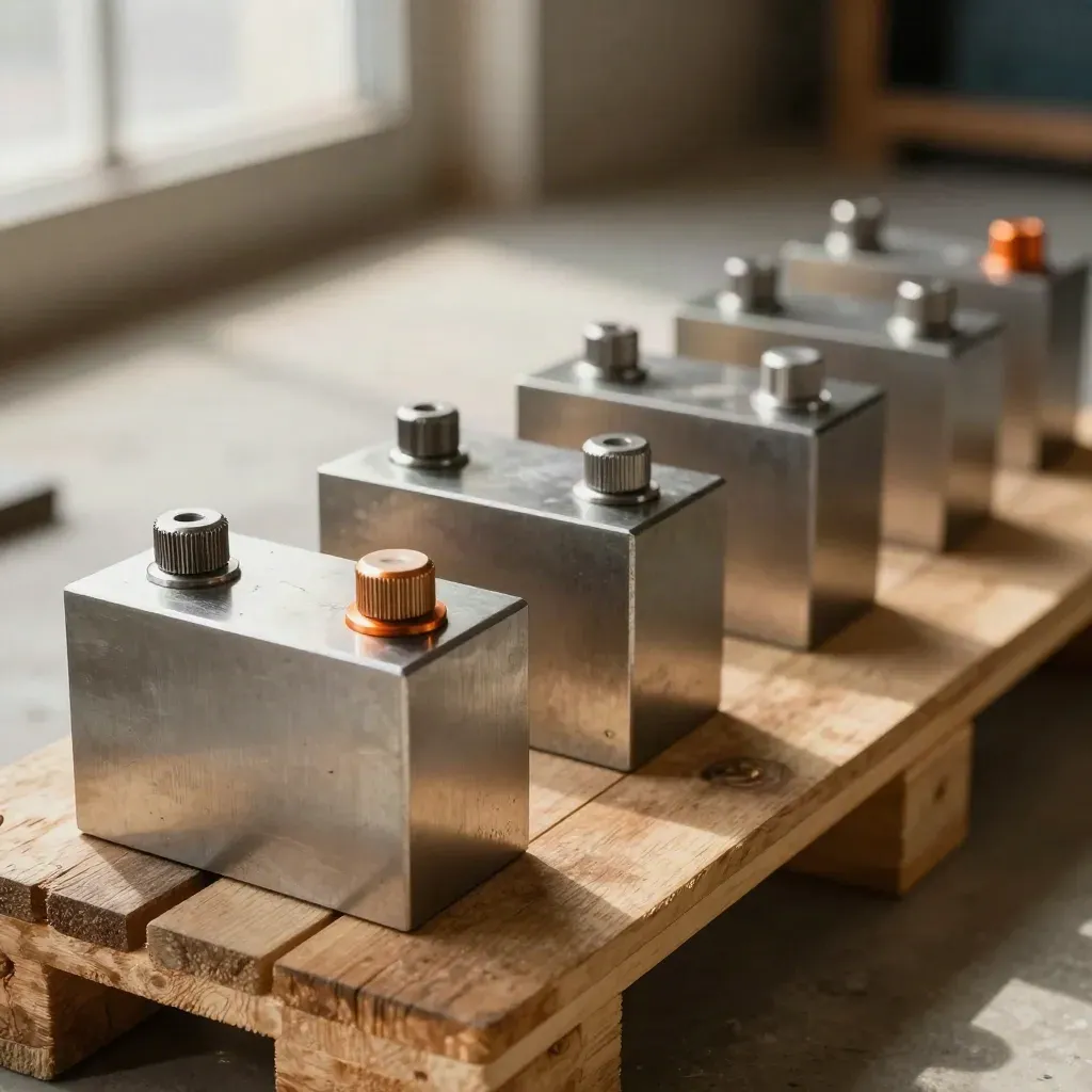 Extreme macro of machined fixture blocks and locating pins on a pallet in warm workshop light