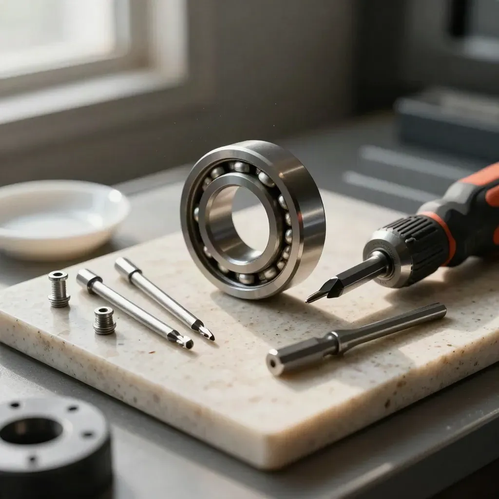 Macro of bearing housing, torque screwdriver, hex keys and fasteners on a precision bench