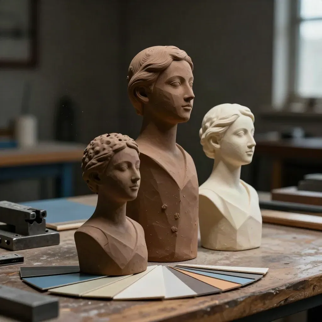 Matte resin model shells, clay form study, and finish chips on a walnut workbench in dramatic light.