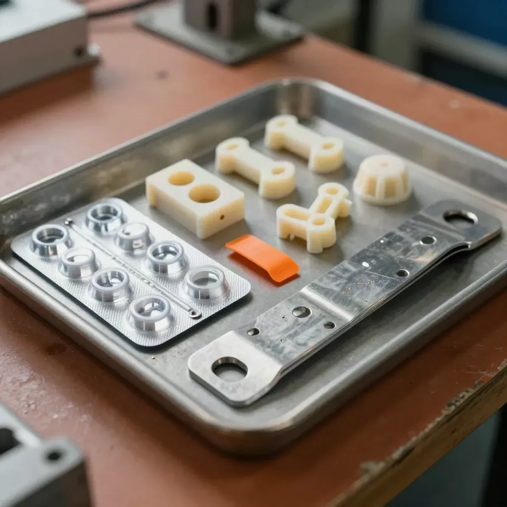 Injection-molded part, fasteners and steel bracket arranged in a factory parts tray under soft daylight.