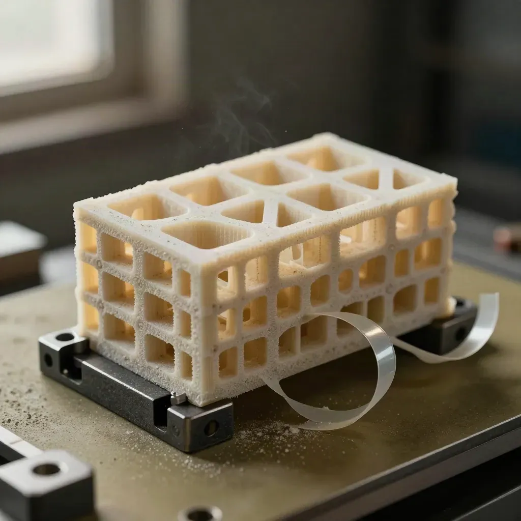 Macro of a 3D-printed lattice scaffold clamped on a fixture with curled support ribbons.
