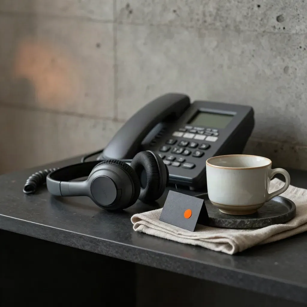Headset, phone base and ceramic cup on a stone tray with soft side light.