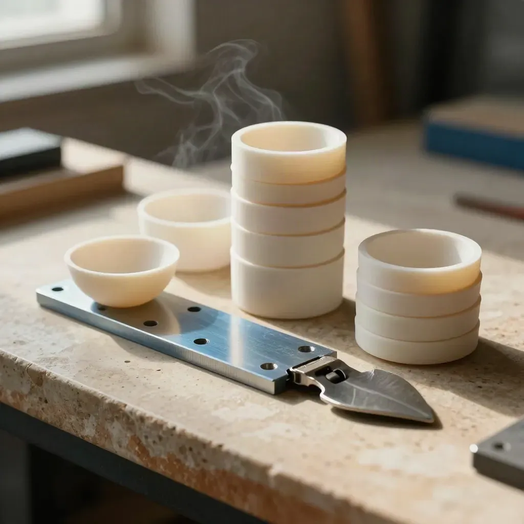 Stacked prototype shells, jig plate, and hinge on a lit engineering work surface.