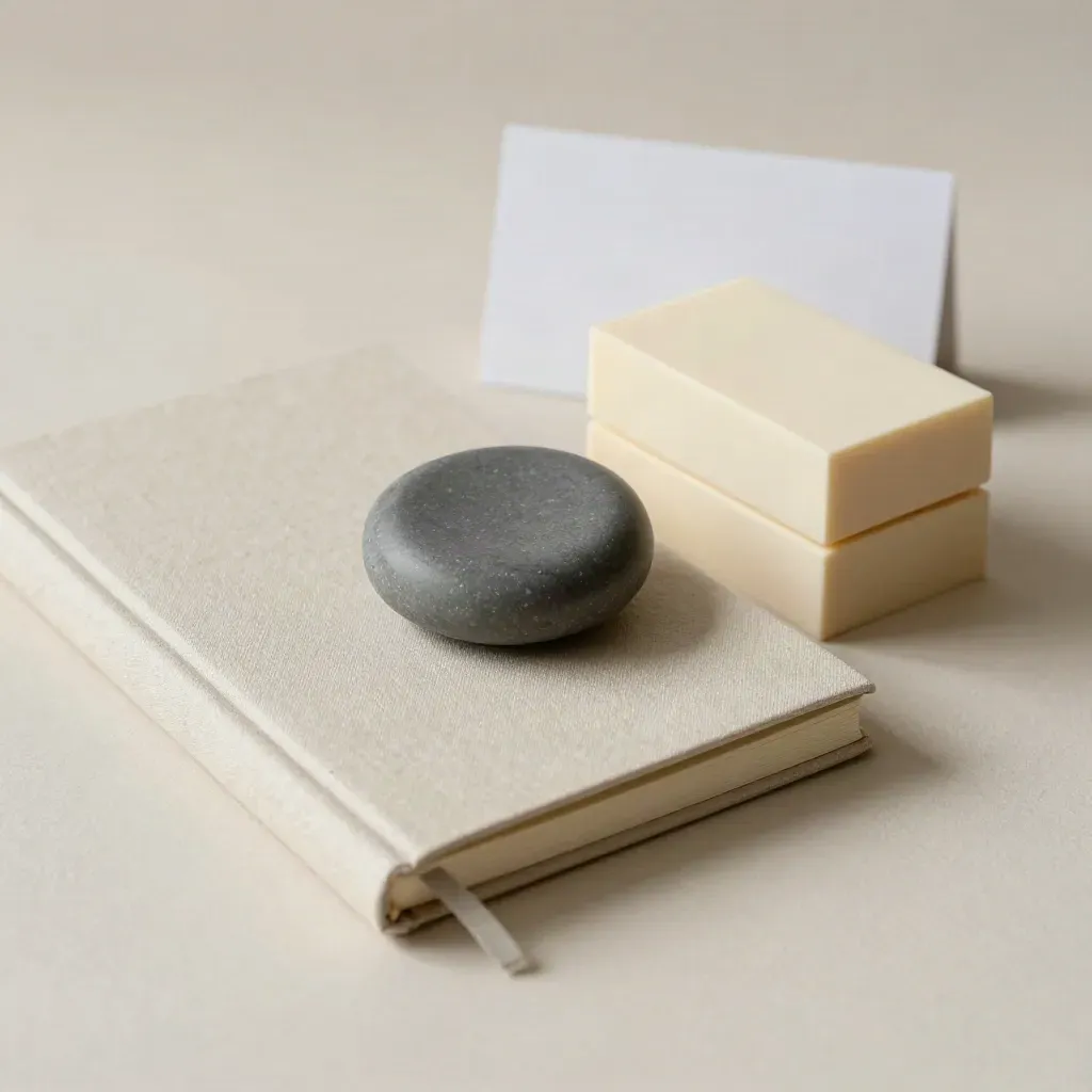 Closed notebook, stone paperweight and foam sample blocks on a pale plaster surface